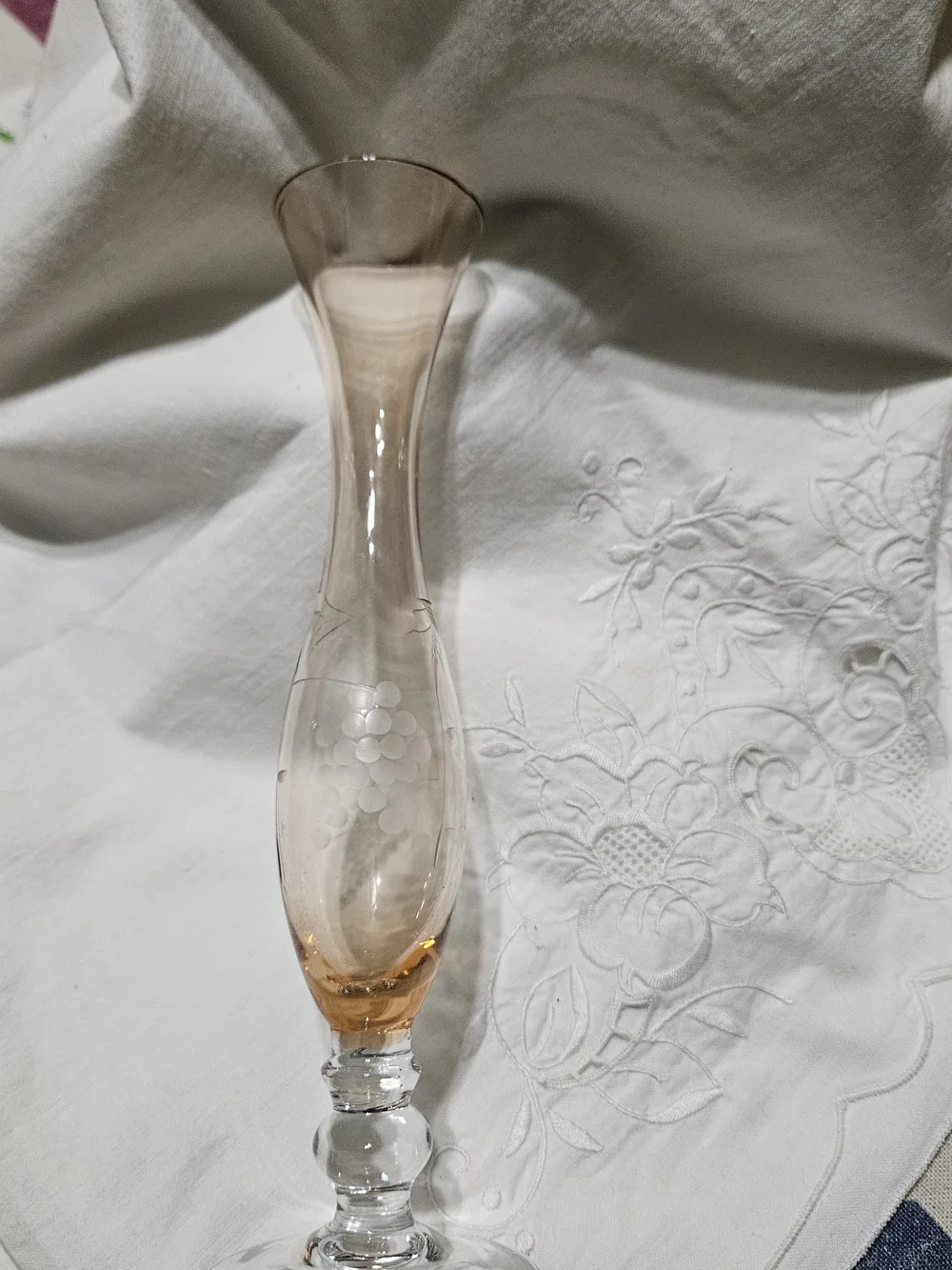 Vintage Pink Depression Footed Vase with Grapes Etched